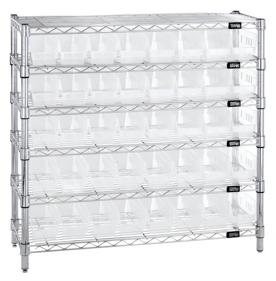 Product image #1 for Quantum 36 x 12 x 36-Inch Bin Wire Shelving System with 6 Shelves and 40 Clear Bins, Chrome Plated