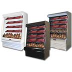 Thumbnail image #1 for Howard-McCray 35E Series R-OM35E-12S-S-LED 147-Inch Vertical Packaged Meats Open Merchandiser, Stainless Steel, 4 Lit Shelves, Remote Refrigeration