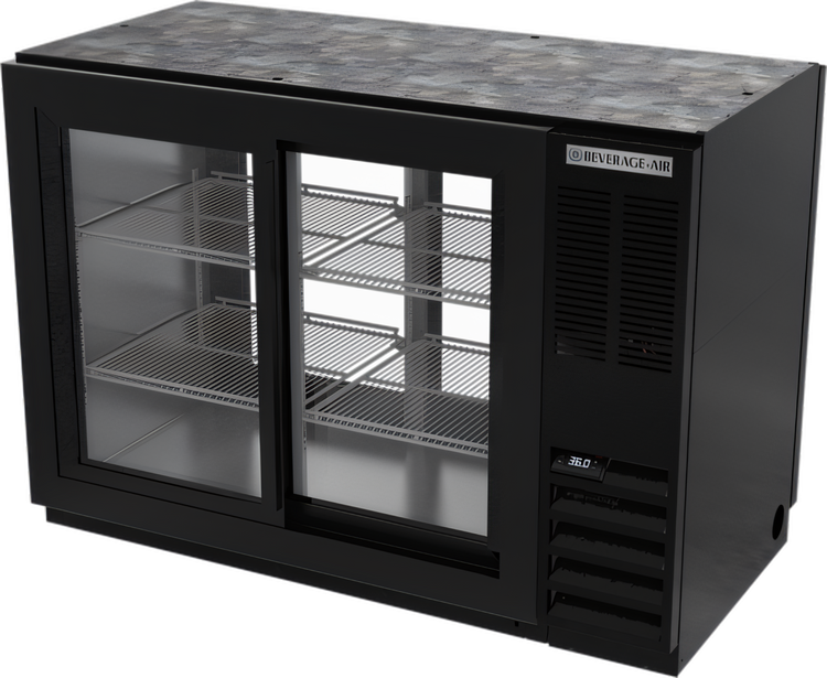 Product image #1 for Beverage-Air 48-Inch Two-Section Pass-Thru Back Bar Refrigerator with 4 Locking Sliding Glass Doors, Black Exterior, Stainless Steel Top