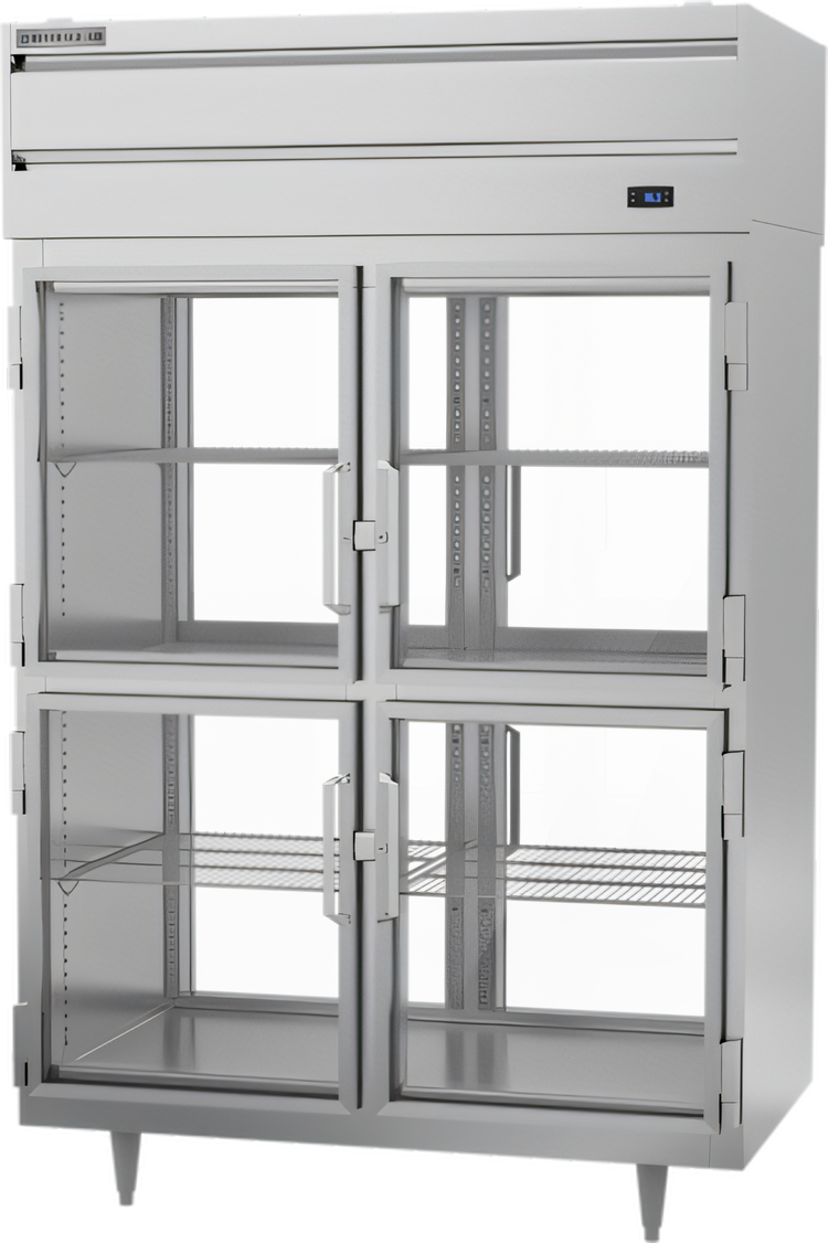 Product image #1 for Beverage-Air P-Series Two-Section Pass-Thru Refrigerator with 8 Glass Half Doors, Standard Depth, Top-Mounted Self-Contained, 48.33 Cu. Ft.