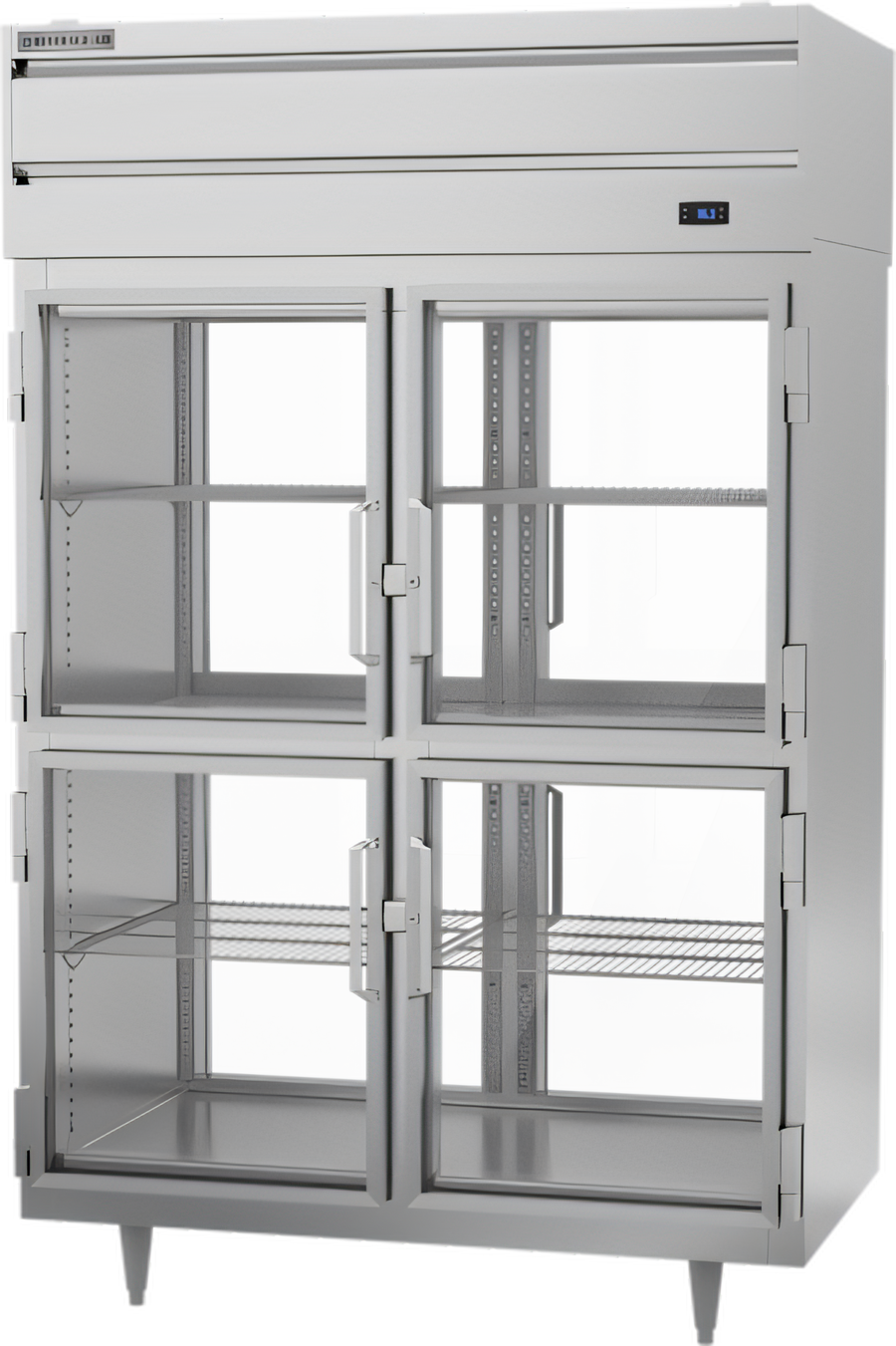 Product image #1 for Beverage-Air P-Series Two-Section Pass-Thru Refrigerator with 8 Glass Half Doors, Standard Depth, Top-Mounted Self-Contained, 48.33 Cu. Ft.