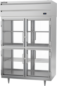 Beverage-Air P-Series Two-Section Pass-Thru Refrigerator with 8 Glass Half Doors, Standard Depth, Top-Mounted Self-Contained, 48.33 Cu. Ft.