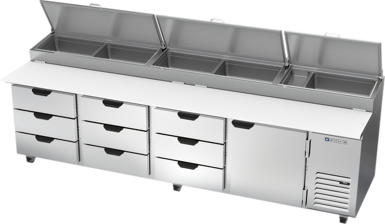 Product image #1 for Beverage-Air Four-Section Pizza Prep Table with 9 Drawers, 1 Door, and 19-Inch Cutting Board, 119-Inch