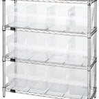 Thumbnail image #1 for Quantum WR4-39-1236-807CL 4-Shelf Wire Shelving Bin Center with 12 Clear Bins, 36W x 12D x 39H, Chrome-Plated