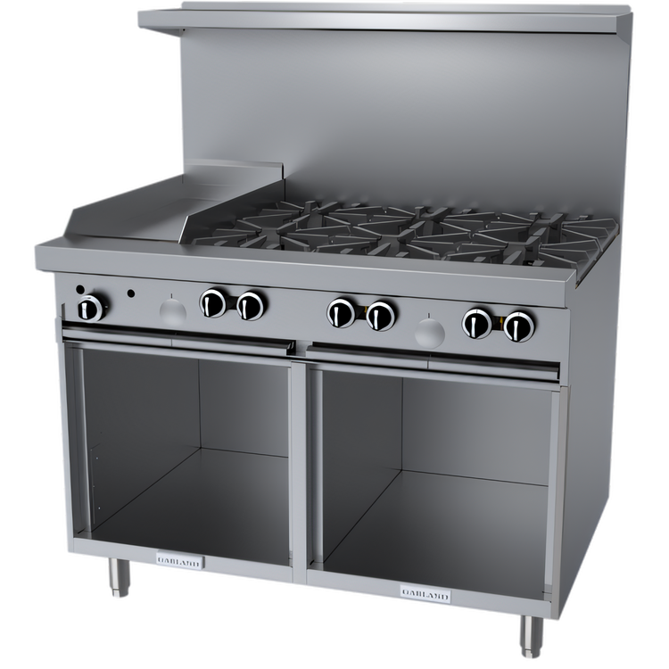 Product image #1 for Garland G Starfire Pro 48-Inch Gas Restaurant Range with 6 Open Burners, 12-Inch Griddle, and Dual Storage Bases
