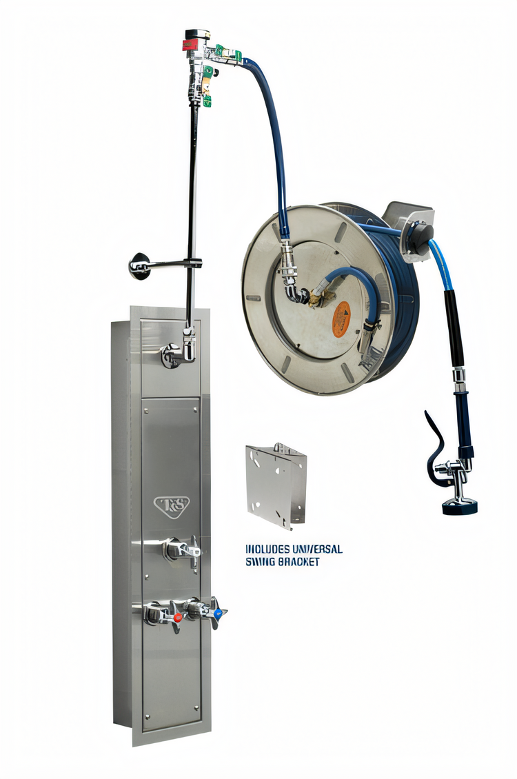 Product image #1 for T&S Brass 35-Foot Stainless Steel Open Wall-Mounted Hose Reel with Recessed Cabinet, Mixing Valve, and Vacuum Breaker