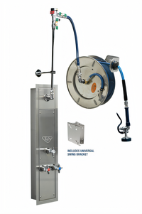 T&S Brass 35-Foot Stainless Steel Open Wall-Mounted Hose Reel with Recessed Cabinet, Mixing Valve, and Vacuum Breaker