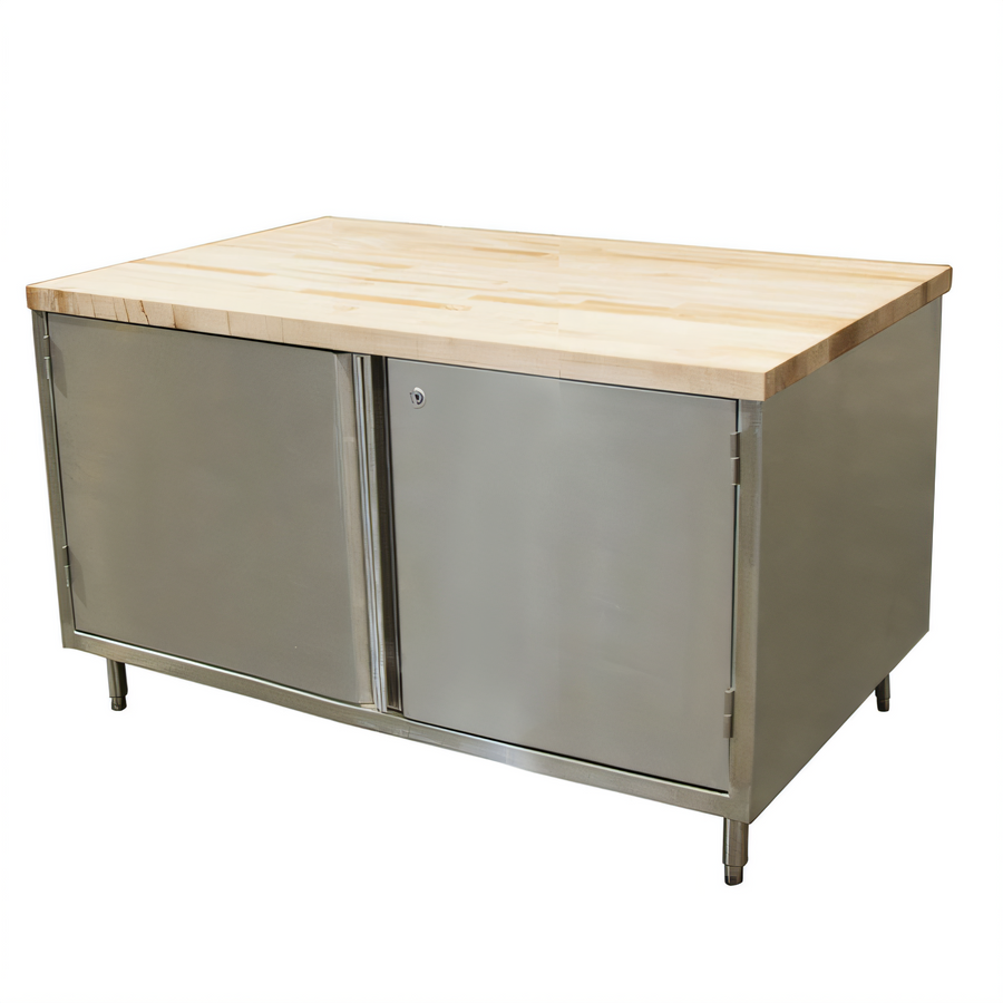 Product image #1 for BK Resources 60-Inch x 36-Inch Hard Maple Top Chef Table with Cabinet Base and Locking Hinged Doors
