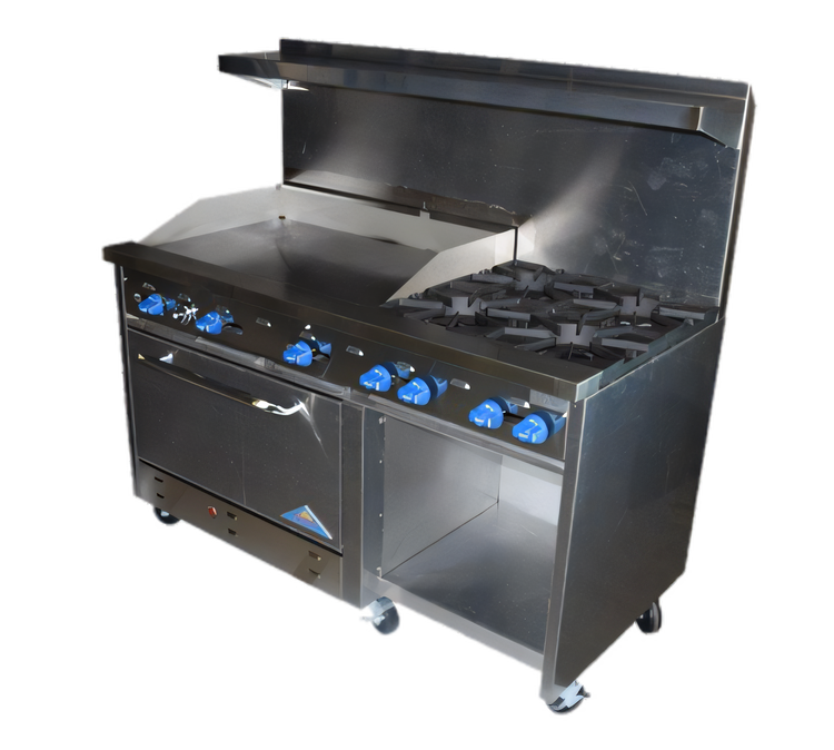 Product image #1 for Comstock-Castle 60-Inch Commercial Gas Range with 6 Star Burners, 24-Inch Griddle, 31-Inch Oven, and Cabinet Base Storage
