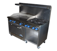Comstock-Castle 60-Inch Commercial Gas Range with 6 Star Burners, 24-Inch Griddle, 31-Inch Oven, and Cabinet Base Storage