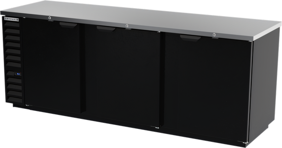 Product image #1 for Beverage-Air BB94HC-B Three-Section Solid Door Back Bar Refrigerator with Stainless Steel Top, Black Exterior, and Left-Mounted Self-Contained Refrigeration
