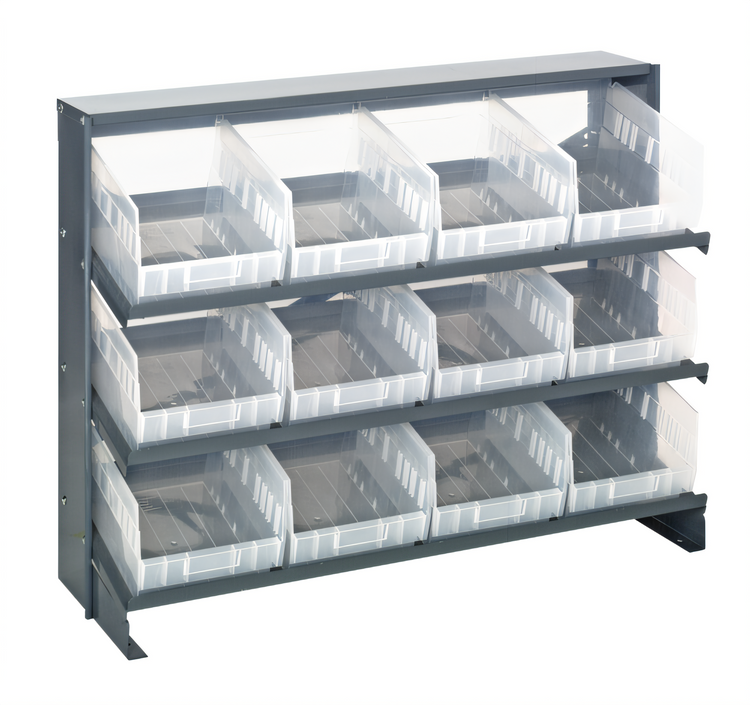 Product image #1 for Quantum Sloped Bench-Style Pick Rack with 3 Shelves and 12 Clear Bins