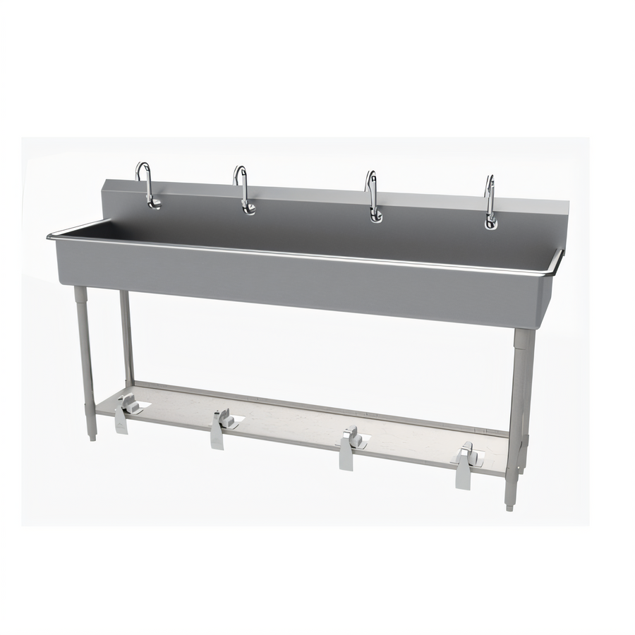 Product image #1 for Advance Tabco Four-Station Freestanding Hand Wash Sink with Toe-Push Valves and Gooseneck Spouts, 80 Inch, 16 Gauge 304 Stainless Steel