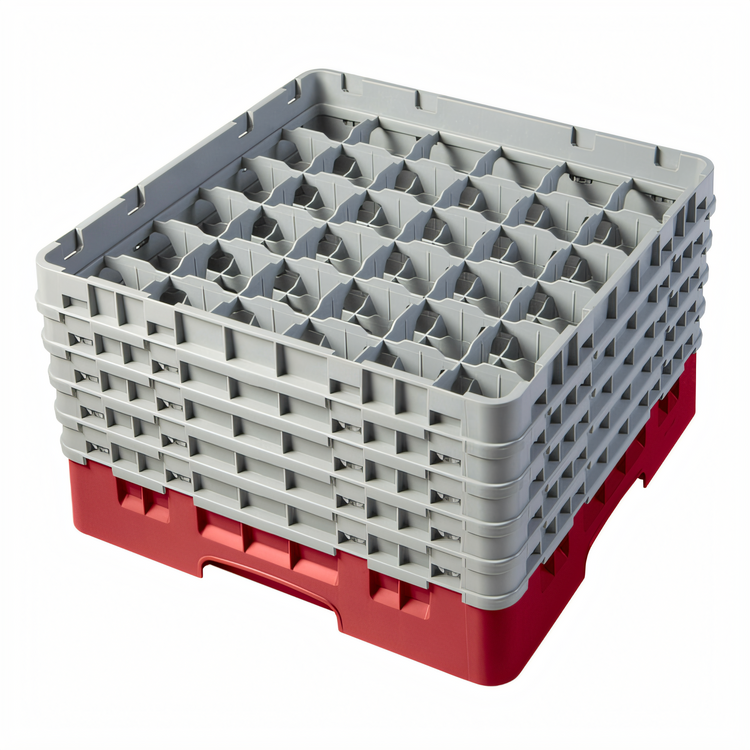 Product image #2 for Cambro Camrack Full Size 36-Compartment Glass Rack with 5 Soft Gray Extenders, Red