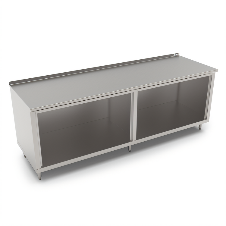Product image #1 for John Boos Open Front Cabinet Base Work Table, 120 Inch x 30 Inch, 16 Gauge Stainless Steel Top, 1-1/2 Inch Rear Riser