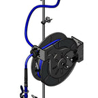 Thumbnail image #1 for T&S Brass B-7142-U01XS1E Open Stainless Steel Retractable Hose Reel Assembly with Exposed Piping, Mixing Faucet, and 50-Foot Hose