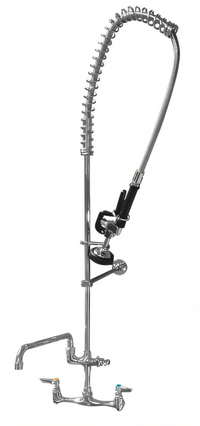 Omcan USA Pre-Rinse Assembly with Add-On Faucet, Wall Mount, 8-Inch Centers, 20-Inch Riser, 44-Inch Flexible Hose, 12-1/2-Inch Swing Spout