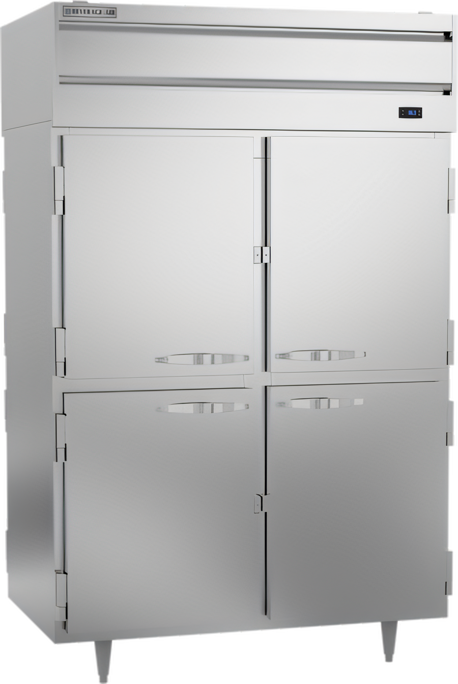 Product image #1 for Beverage-Air P-Series Two-Section Pass-Thru Reach-In Refrigerator with 8 Solid Half Doors, 48.33 Cu. Ft., Top-Mounted Self-Contained Refrigeration