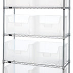 Thumbnail image #1 for Quantum WR5-700CL Stationary Chrome Wire Shelving System with 5 Shelves and 8 Clear Bins, 42 x 18 x 74 Inches