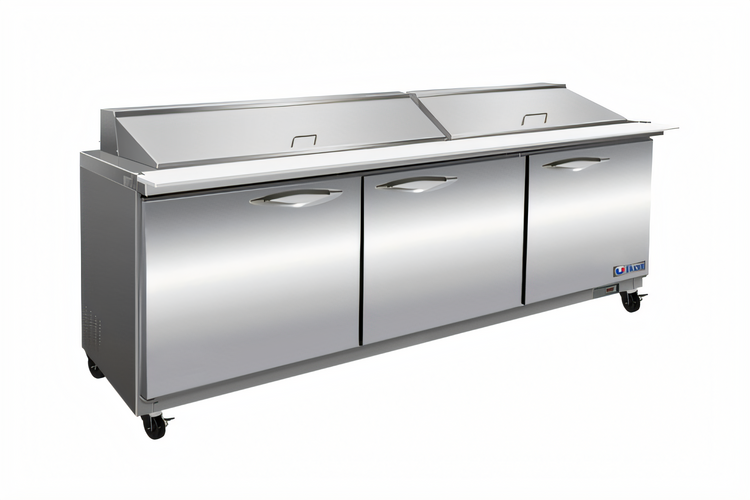 Product image #1 for IKON Refrigeration ISP72M Mega Top Three-Section Sandwich / Salad Prep Table, 18 Cu. Ft., 27 1/6-Pan Capacity