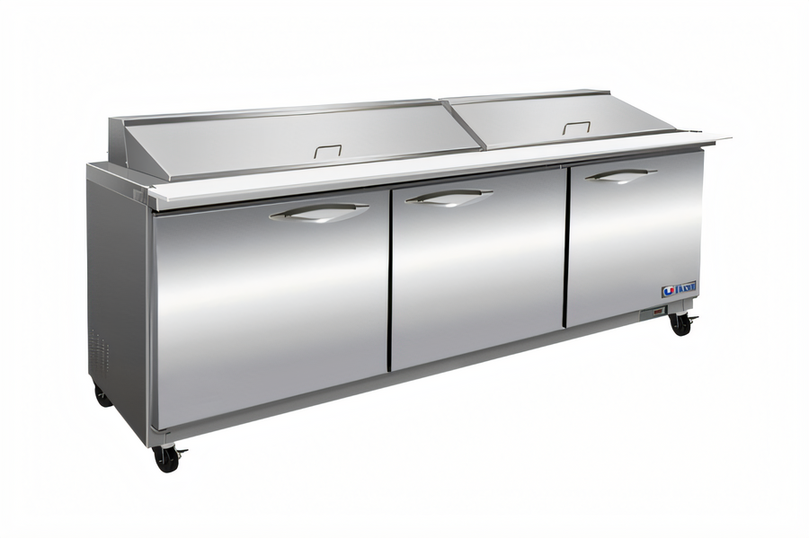 Product image #1 for IKON Refrigeration ISP72M Mega Top Three-Section Sandwich / Salad Prep Table, 18 Cu. Ft., 27 1/6-Pan Capacity