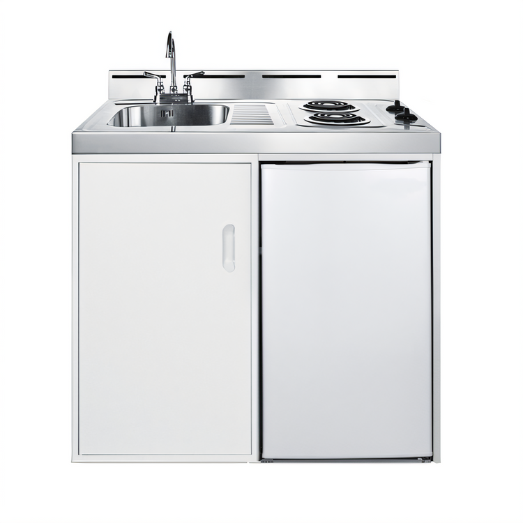 Product image #1 for Summit Commercial 39-Inch All-In-One Kitchenette with Stainless Steel Top, Sink & Faucet, 2-Burner Electric Coil Cooktop, Refrigerator-Freezer, and Storage Cabinet