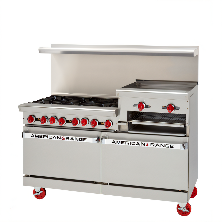 Product image #1 for American Range 48-Inch Commercial Gas Range with 4 Open Burners, 24-Inch Raised Griddle/Broiler, and 2 Space-Saver Ovens
