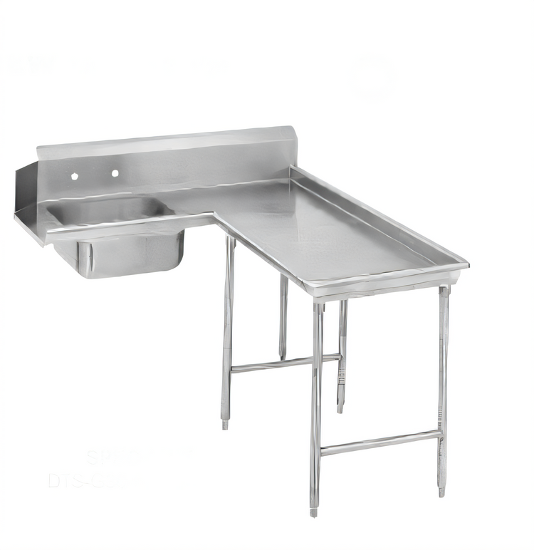 Product image #1 for Klinger's Trading Island Corner Soiled Dish Table with 20" x 20" x 5" Pre-Rinse Sink and 10" Backsplash
