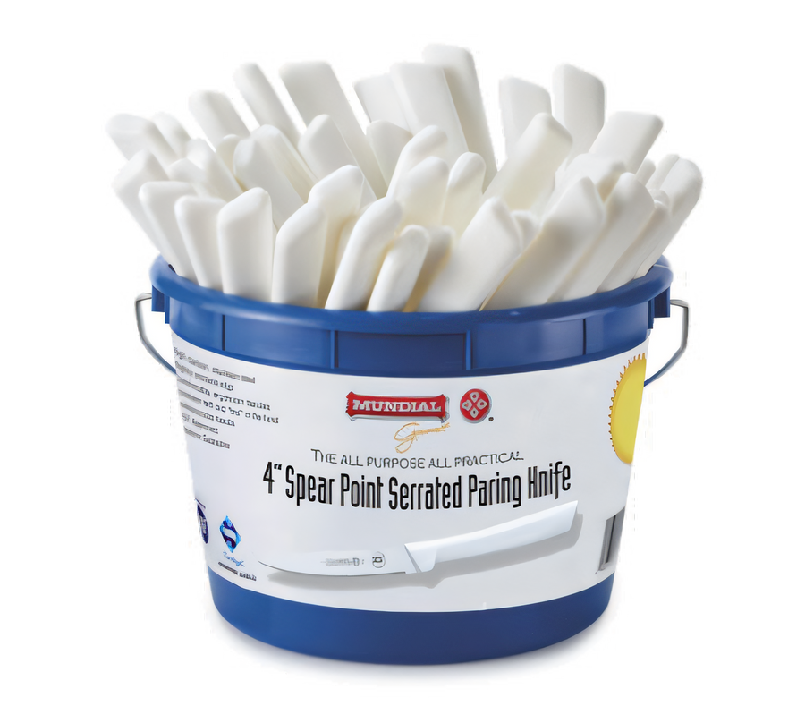 Product image #1 for Mundial 4-Inch Serrated Spear Point Paring Knife with White Polypropylene Handle, 48-Piece Bucket