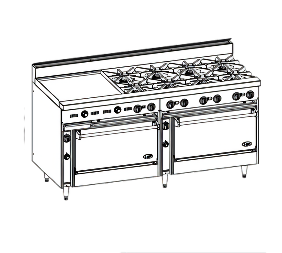 Product image #1 for Bistro 72-Inch Shallow-Depth Heavy-Duty Gas Restaurant Range with 12 Open Burners, Standard Oven, and Convection Oven