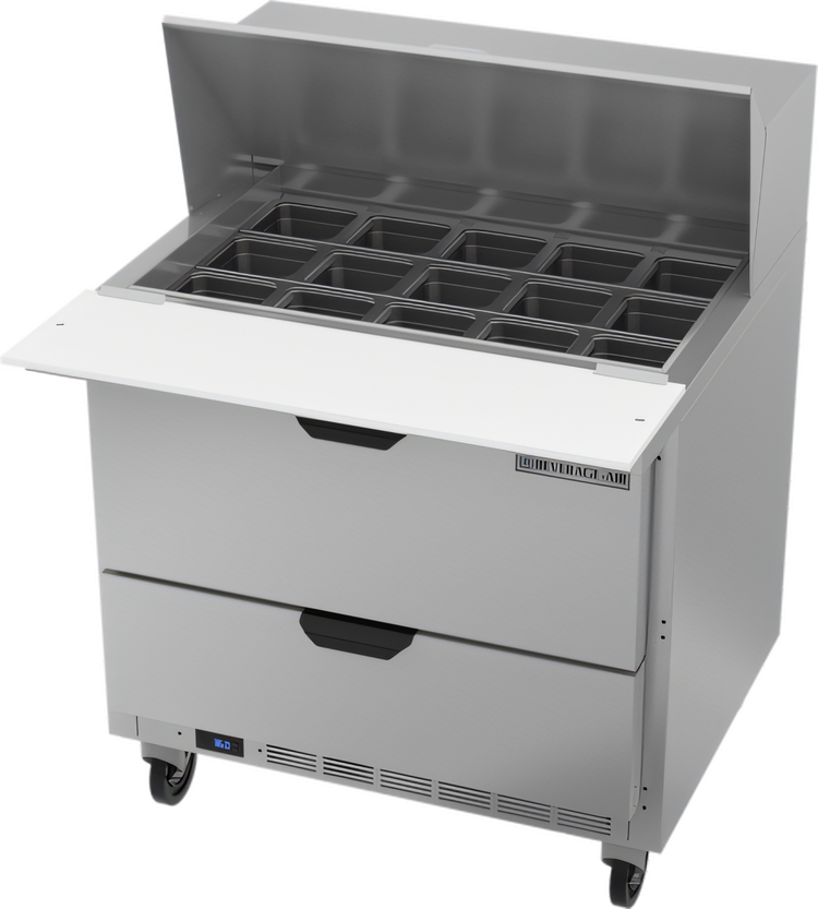 Product image #1 for Beverage-Air 36-Inch One-Section Mega Top Refrigerated Prep Table, 15-Pan Top, 2 Drawers