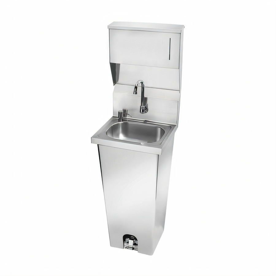 Product image #1 for Pedestal-Mount Stainless Steel Hand Sink with Foot-Pedal Faucet and Mixing Valve