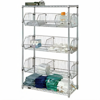 Quantum Stationary Wire Basket Unit, 48W x 18D x 63H, 3 Adjustable Baskets, Chrome Plated