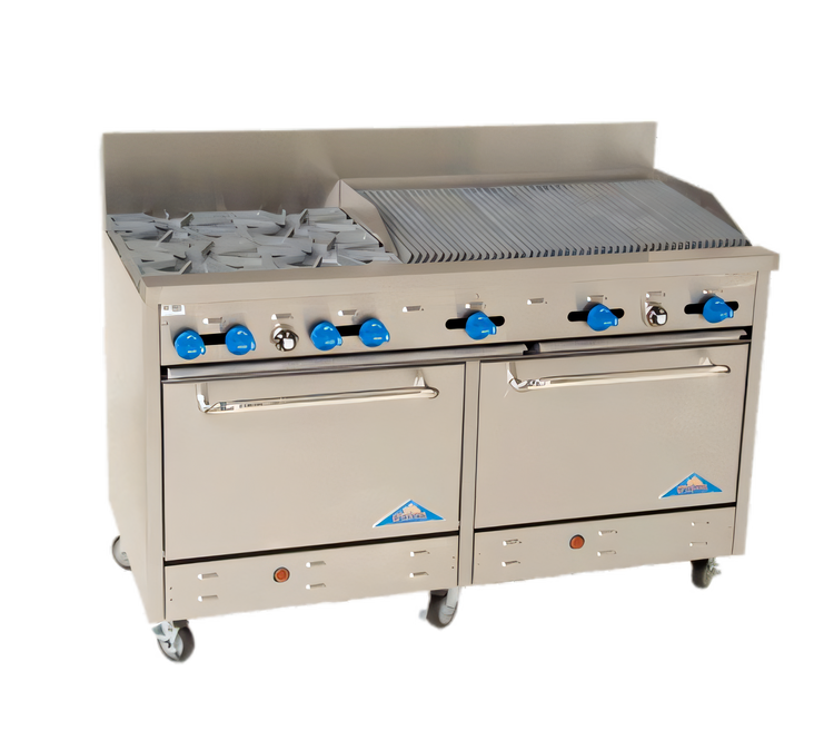 Product image #1 for Comstock-Castle F3226-3RB 60-Inch Commercial Gas Range with 4 Star Open Burners, 36-Inch Char-Broiler, 2 Standard Ovens, and High Backguard