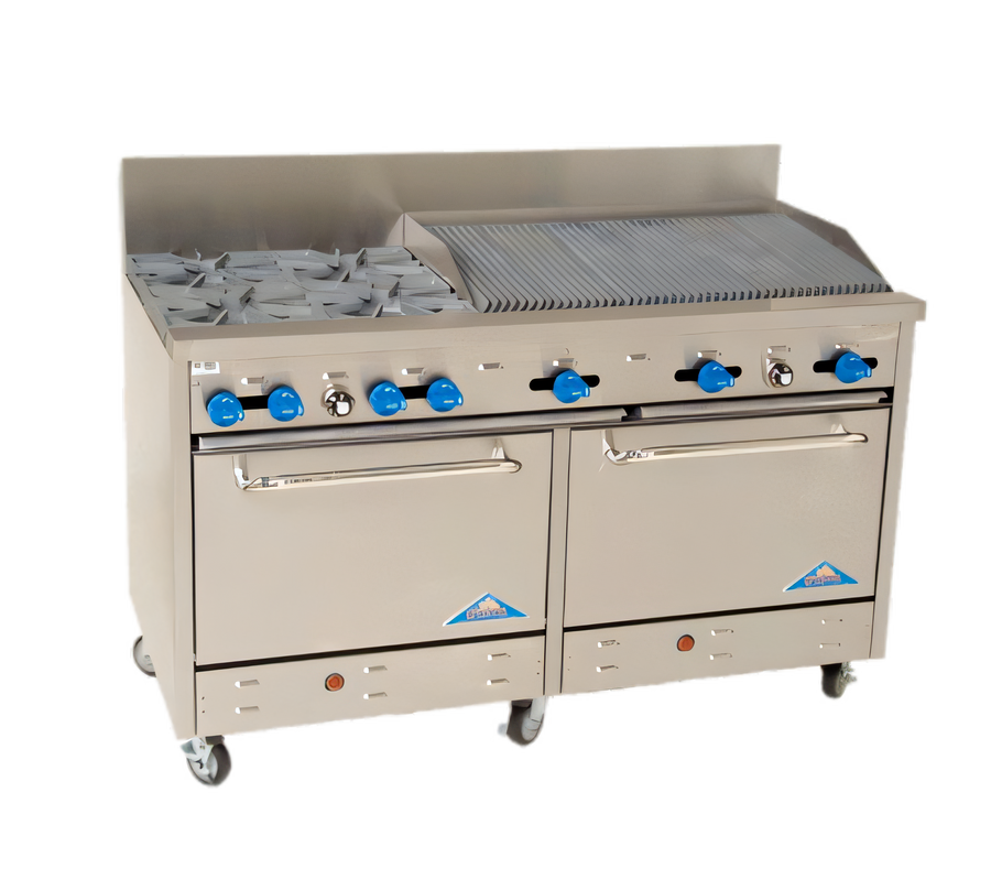 Product image #1 for Comstock-Castle F3226-3RB 60-Inch Commercial Gas Range with 4 Star Open Burners, 36-Inch Char-Broiler, 2 Standard Ovens, and High Backguard