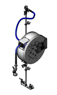 T&S Brass Enclosed Stainless Steel Retractable Hose Reel Assembly with 50 Foot 3/8 Inch Hose and 8 Inch Wall Mount Mixing Faucet