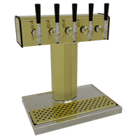 Glastender Countertop Tee Draft Dispensing Tower with 5 Faucets, Air-Cooled, Polished Brass Finish