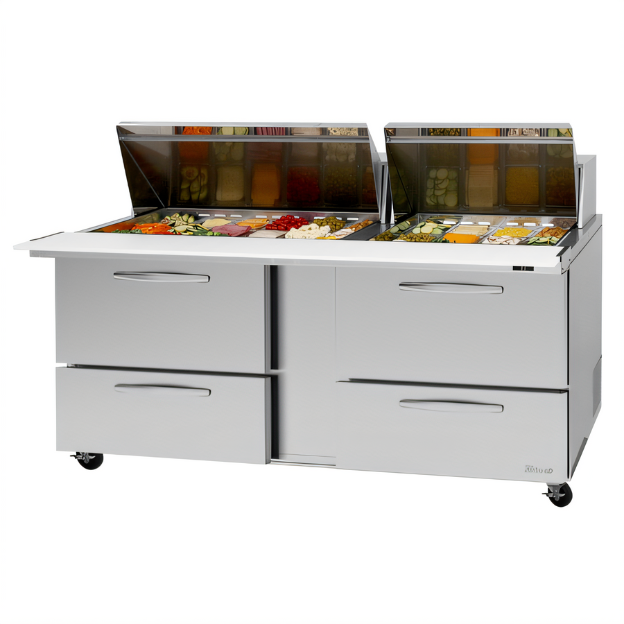 Product image #1 for Turbo Air PRO Series 72-5/8-Inch Wide Two-Section Mega Top Sandwich/Salad Prep Table with 4 Drawers, 30-Pan Top, and Self-Contained R290 Refrigeration