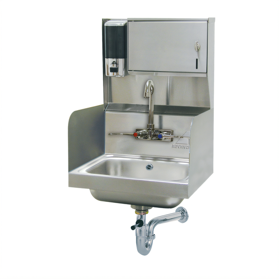 Product image #1 for Advance Tabco Wall-Mounted 304 Stainless Steel Hand Wash Sink with 14" x 10" Bowl, Side Splashes, Faucet, and Dispensers