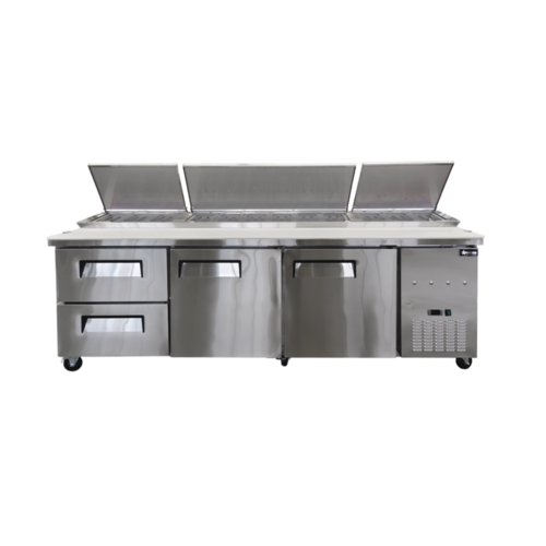 Product image #1 for 94-Inch 3-Section Refrigerated Pizza Prep Table with Drawers, Side-Mount Self-Contained, Stainless Steel