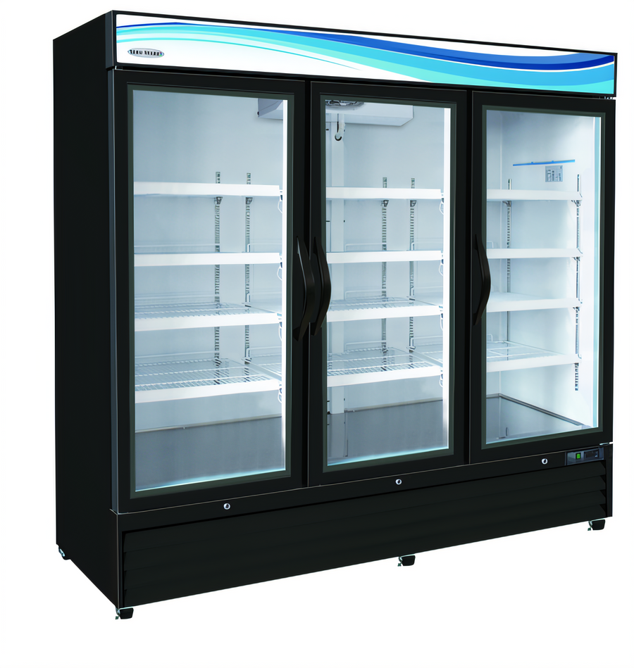 Product image #1 for Serv-Ware 72 Cu. Ft. Three-Door Black Glass Door Merchandiser Freezer