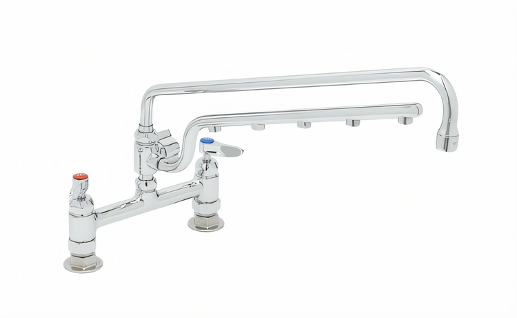 Product image #1 for T&S Brass UltraRinse 8-Inch Adjustable-Center Deck Mount Mixing Faucet with 18-Inch Swing Nozzle and 16-Inch Spray Arm