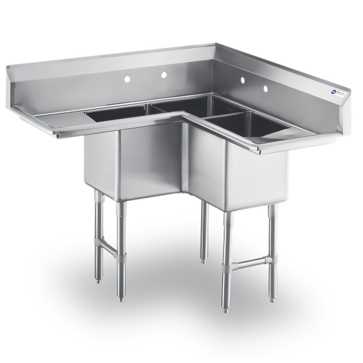 Product image #1 for Steel Works Stainless 3-Compartment Corner Sink with Left and Right Drainboards, 304 Stainless Steel