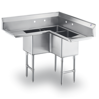 Steel Works Stainless 3-Compartment Corner Sink with Left and Right Drainboards, 304 Stainless Steel