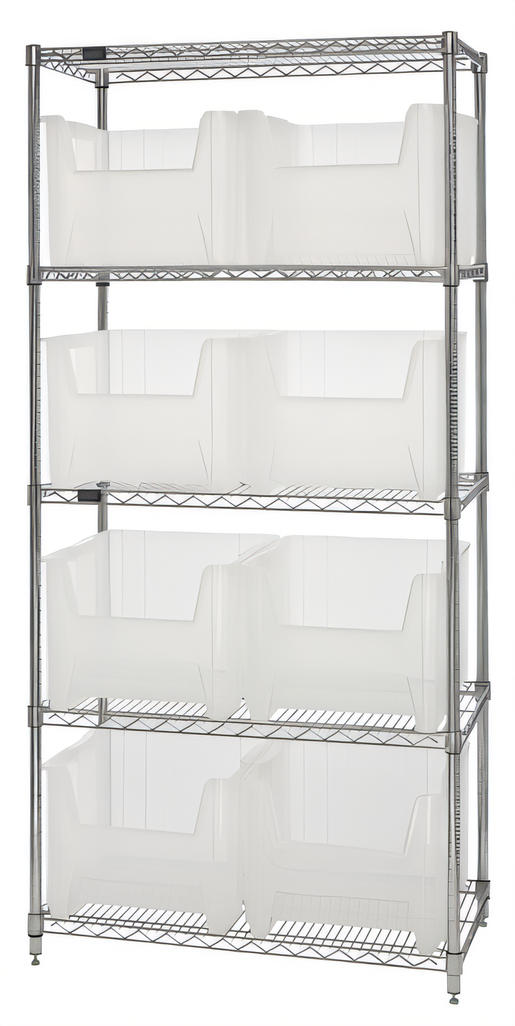 Product image #1 for Quantum 36"W x 18"D x 74"H 5-Shelf Stationary Wire Shelving Unit with 8 Clear Bins, Chrome Plated