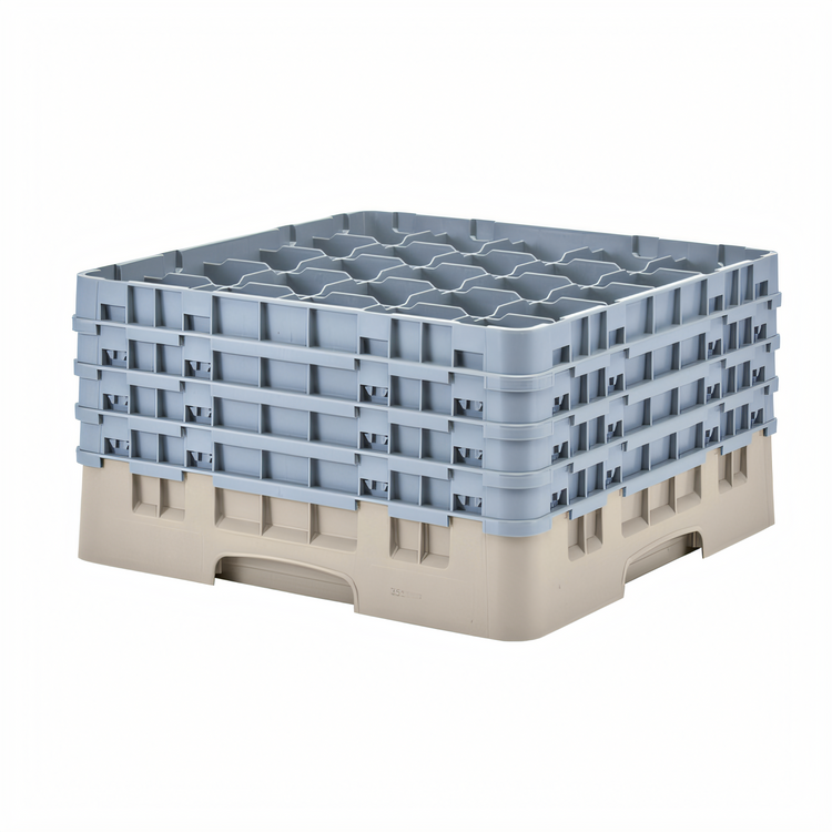 Product image #2 for Cambro Camrack Full-Size Low-Profile 25-Compartment Glass Rack with 4 Soft Gray Extenders, Beige