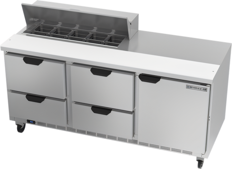Product image #1 for Beverage-Air 72-Inch Three-Section Sandwich Prep Table Refrigerator with 4 Drawers, 1 Door, and 10-Pan Top