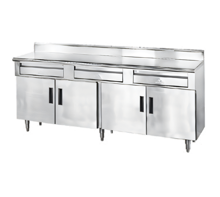 Product image #1 for Advance Tabco 72-Inch Stainless Steel Enclosed Work Table with Storage Cabinet Base, 14-Gauge 304 Top, 5-Inch Backsplash, 2 Drawers, and 4 Hinged Doors