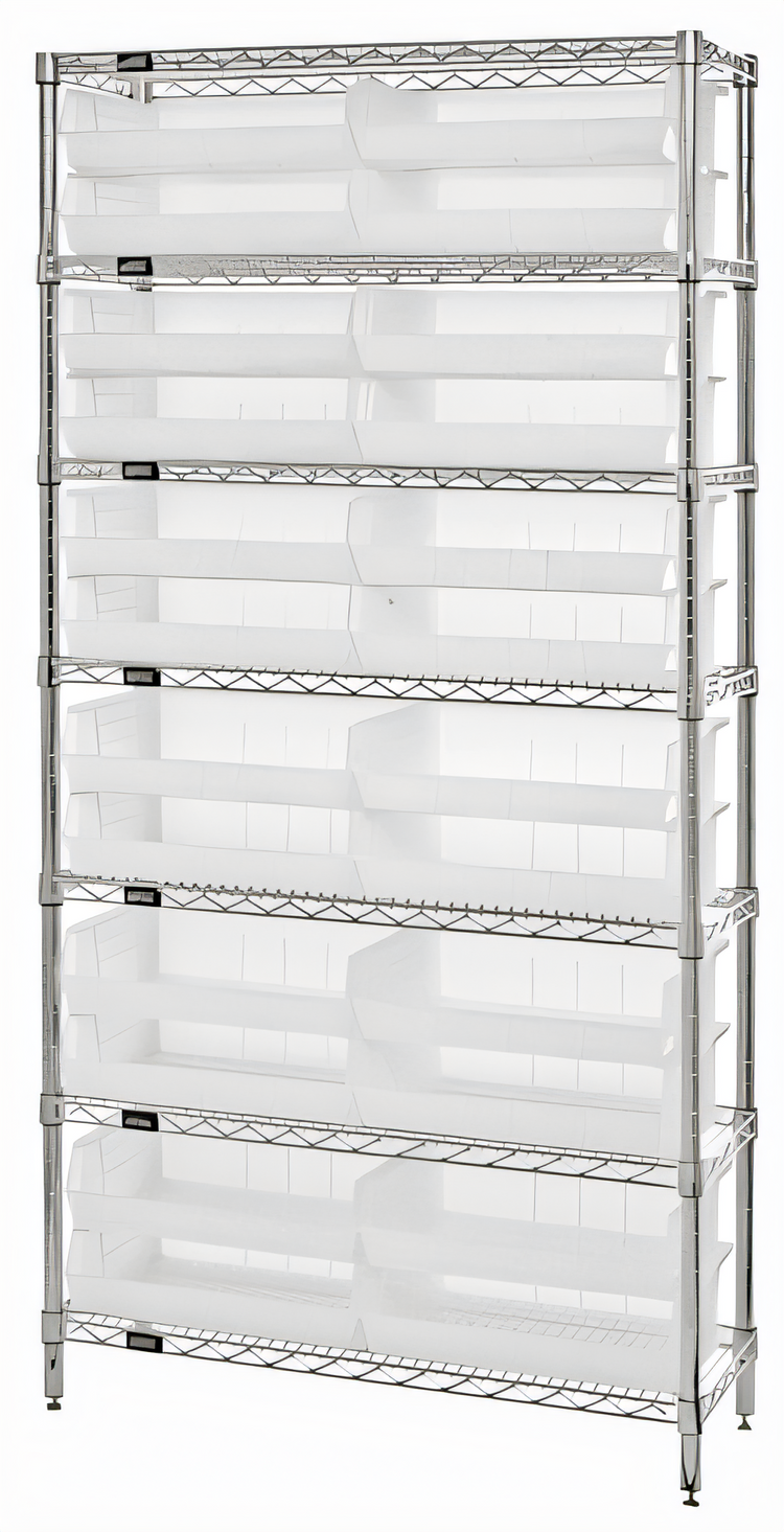 Product image #1 for Quantum Chrome Plated Stationary Wire Shelving Unit with 6 Shelves and 10 Clear Bins