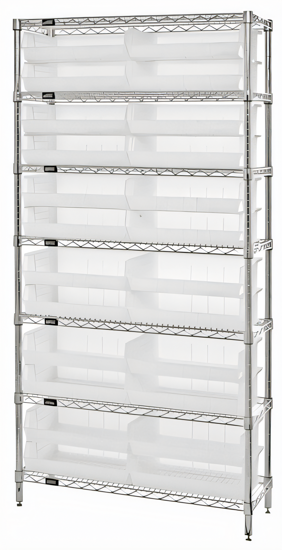 Product image #1 for Quantum Chrome Plated Stationary Wire Shelving Unit with 6 Shelves and 10 Clear Bins